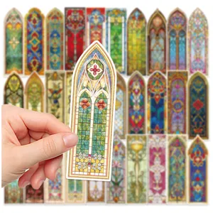 Closeup of vintage Baroque church stained glass sticker, gothic arch design for journal DIY.