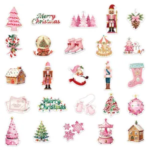 Leuke roze kerststickers set, esthetische DIY decoratieve stickers voor dagboek en laptop.