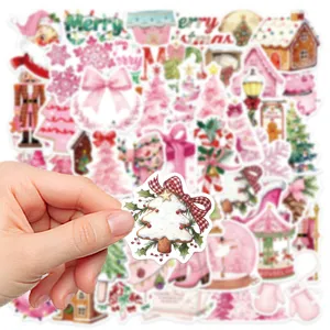 Leuke roze kerst stickers waterdicht decoratieve decals voor laptop dagboek knutsel 50 stuks
