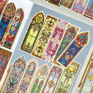Baroque church stained glass bookmarks, metallic foil DIY journaling background paper.
