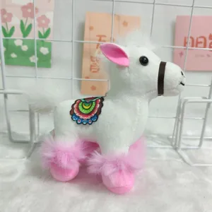 Cute plush horse pendant keychain fluffy toy with pink ears and cute saddle design detail.