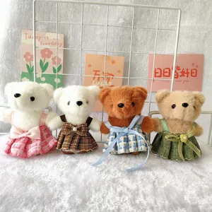 Cute plush bear pendant keychain with stylish plaid strap dress for bags and keys