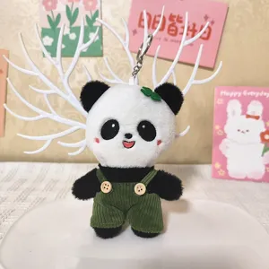 Süßer Panda Plüsch Schlüsselanhänger weiches Stofftier mit grüner Latzhose Taschenanhänger