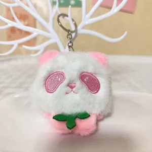 Süßer rosa weißer Panda Plüsch Schlüsselanhänger mit grünem Blatt, weicher Taschenanhänger.