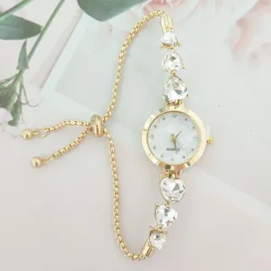 Elegant women quartz watch with heart crystal diamonds and adjustable pull bracelet design.
