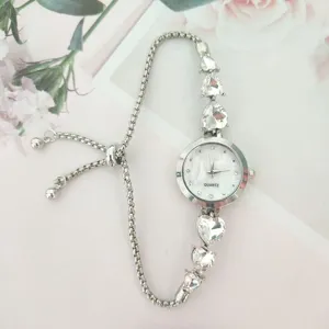 Elegant women quartz watch with heart crystal bracelet and adjustable silver metal strap