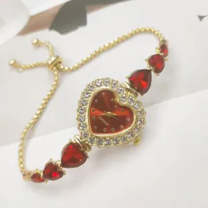 Damen Herz Quarz Armbanduhr Rot Strass Gold Schiebe Kette Bestseller Schmuck