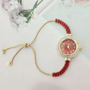 Reloj cuarzo mujer oro pulsera cristal rojo cadena ajustable regalo moda elegante