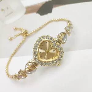Damen Gold Herz Strass Quarzuhr elegante Schiebe Armbanduhr Schmuck Geschenke Uhr Stil