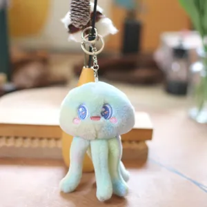 Cute pastel jellyfish plush keychain, soft stuffed octopus bag charm with metal ring.