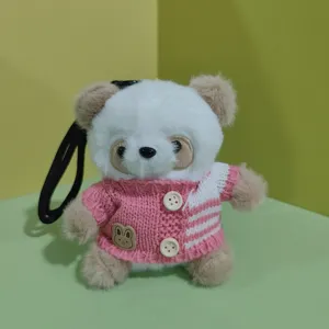 Cute plush panda keychain toy wearing a pink knit sweater, perfect bag hanging ornament.