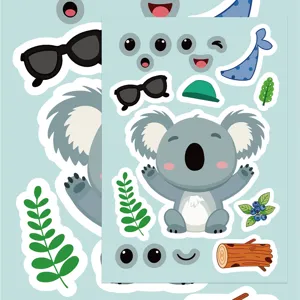 Cute cartoon koala DIY sticker detail showing expressions and accessories for journaling.