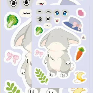 Detailed close-up view of cute DIY animal sticker set, featuring grey rabbit and accessories.