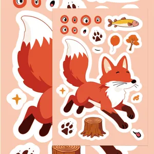 Cute cartoon fox DIY sticker sheet detail, waterproof animal decorative stickers for journaling crafts.