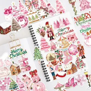 Roze kerststickers esthetische decoratieve waterdichte stickers voor notitieboekje DIY cadeaus