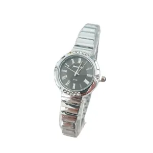 Orologio al quarzo da donna con lunetta di strass, quadrante numeri romani e cinturino.