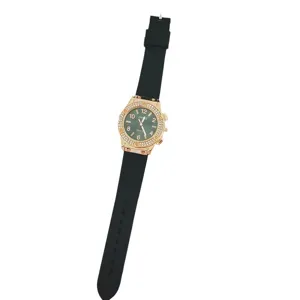 Moderne montre quartz strass avec bracelet en silicone noir et lunette en or rose