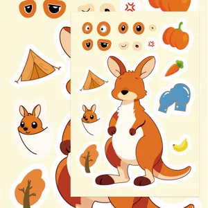 Cute cartoon kangaroo DIY assembly sticker sheet with various fun expressions and accessories.