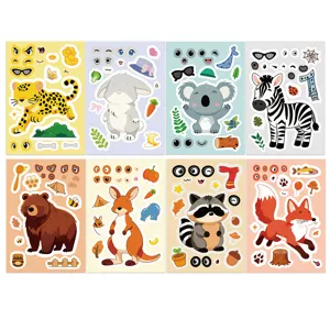 8 sheets cartoon animal DIY stickers, cute mix and match face decals for kids decorating.
