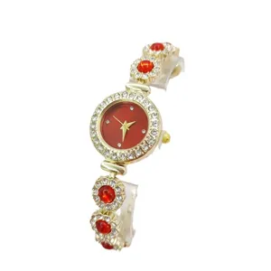 Elegante Damen Strass Quarz Uhr mit rotem Zifferblatt und goldener Armbanduhr für Mode.
