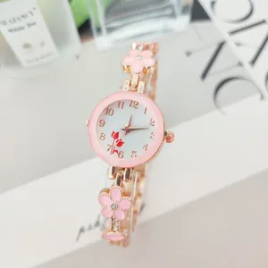 Elegant women quartz watch with pink flower bracelet and white dial digital markers for daily wear