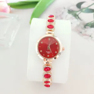 Elegante Damen Quarzuhr mit roten ovalen Steinen Roségold Kette Armband Luxus Mode Uhr