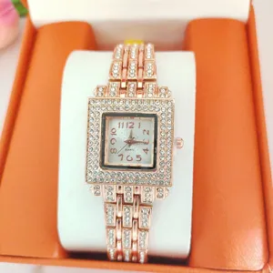 Women square quartz watch with full rhinestones rose gold luxury fashion wristwatch