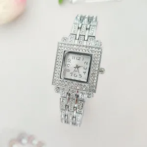 Silver square rhinestone quartz watch for women, elegant diamond ladies luxury wrist watch.