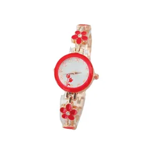 Charming red floral women quartz watch with elegant bracelet strap and classic dial numbers.