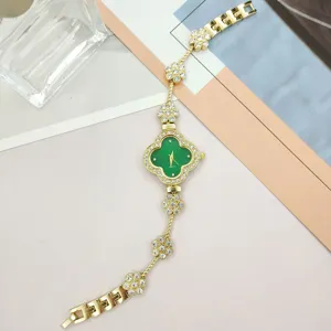 Women green clover quartz watch gold tone rhinestone flower link bracelet wrist watch detail