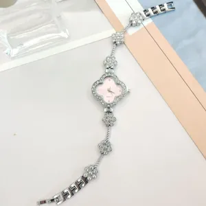 Women quartz watch with pink clover dial and rhinestone silver chain bracelet fashion jewelry