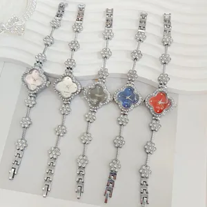 Women Fashion Luxury Rhinestone Four-Leaf Clover Bracelet Watch Elegant Alloy Quartz Wristwatch With Floral Inlaid Design Jewelry Watch