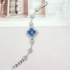 Elegant silver clover rhinestone women watch quartz blue dial fashion bracelet wrist watch