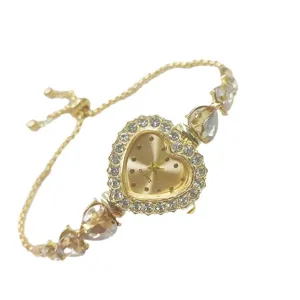 Goldene Herz Strass Quarzuhr mit Kristall Anhänger und verstellbarem Schiebe Armband.