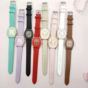 Damen Mode Tonne Quarz Uhr bunten Lederarmband Freizeit Armbanduhr Studenten Großhandel