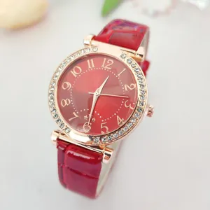 Red leather strap women quartz watch with crystal rhinestone bezel and Arabic numerals dial