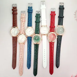 Women's quartz watch fashion leather strap rhinestone bezel elegant casual wristwatch for ladies
