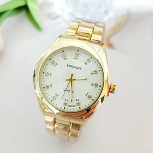 Luxury gold quartz watch for women with rhinestone markers and metal steel strap design.