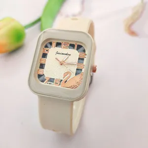 Women square silicone quartz watch casual fashion student wrist watch beige dial detail view
