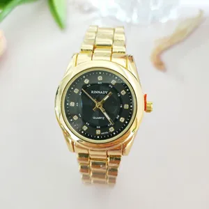 Golden quartz watch with black dial rhinestones and stainless steel strap for daily wear style.