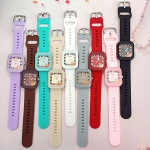 Close-up detail of colorful square dial quartz watches with soft silicone bands for daily wear.
