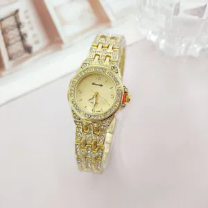 Gold rhinestone women quartz watch fashion steel band luxury diamond ladies wristwatch.