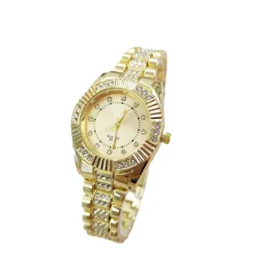 Luxus goldene Strass Quarz Herrenuhr, modische Stahlarmband Business Armbanduhr.