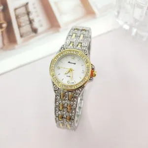 Elegant women rhinestone quartz watch with dual-tone metal strap and sparkling dial.