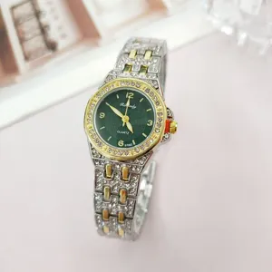 Fashion rhinestone quartz women watch with green dial and silver gold stainless steel strap