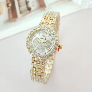 Luxury gold rhinestone quartz watch for women with roman numerals and stainless steel strap.