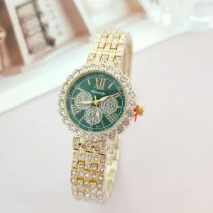 Luxurious rhinestone women watch with green dial, gold steel strap and quartz movement.