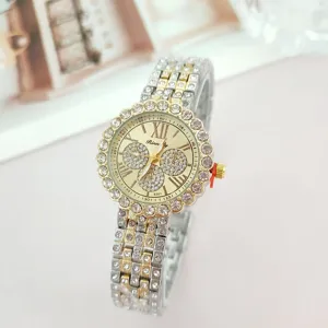 Elegant women's rhinestone quartz watch with dual-tone stainless steel bracelet.
