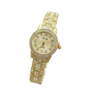 Luxury gold rhinestone quartz watch for women, elegant stainless steel strap timepiece.