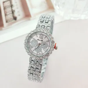 Close-up detail view of the sparkling rhinestone steel strap women quartz watch dial.